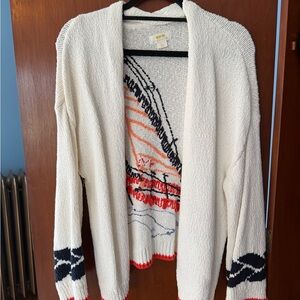 Anthropologie Cream Open-Front Cardigan with Navy and Red Accent